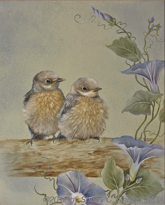 47. Baby Bluebirds w/ Morning Glories, 8" x 10" - $155.00