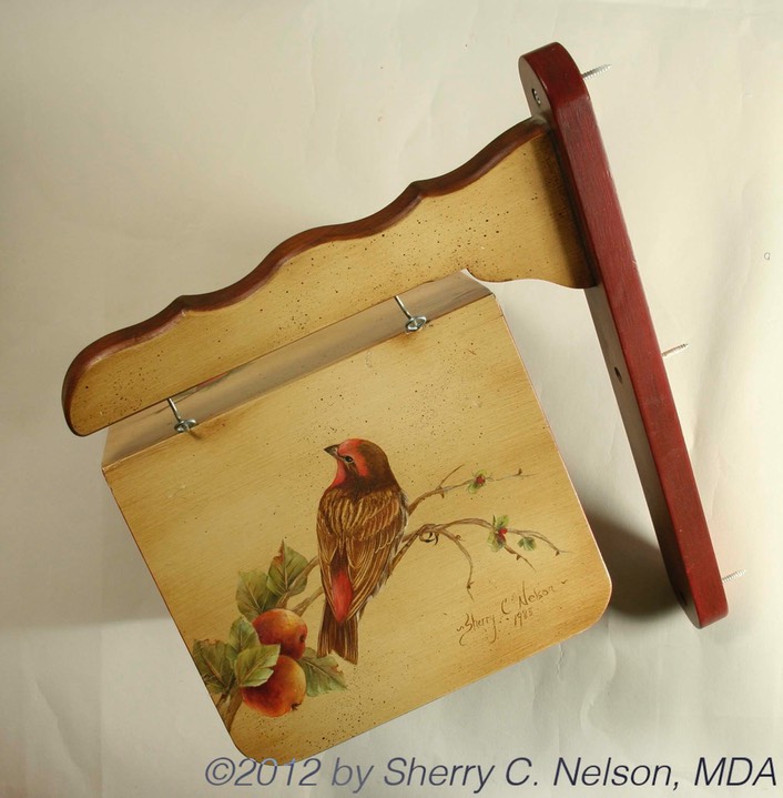 52. House Finch w/ Apples Bird House, 8" x 7" - $110.00