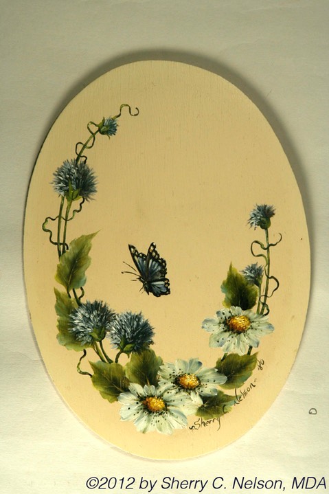 54. Butterfly & Bachelor Buttons, 6" x 8" oval - $35.00